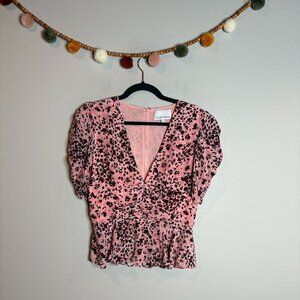 Gilner Farrar Pink Pansie Blair Peplum Blouse Floral Puff Sleeve